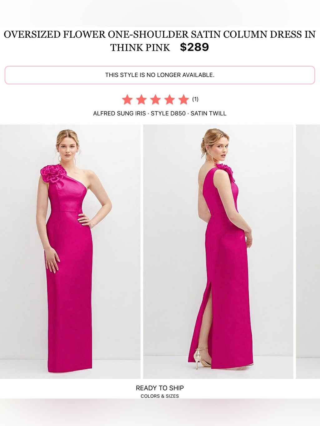 Alfred Sung One-Shoulder Satin Column Dress In Fuchsia With Floral Shoulder